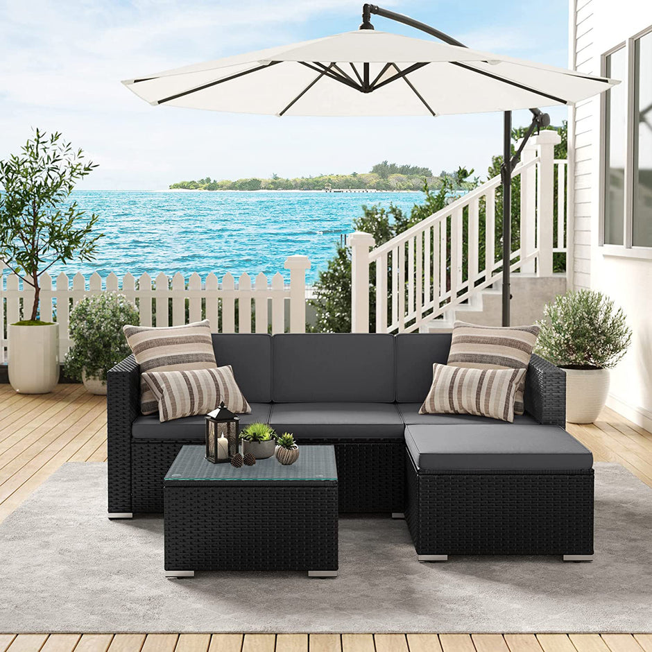 Tuinmeubelset – met kussens en glazen tafel – zwart en grijs
