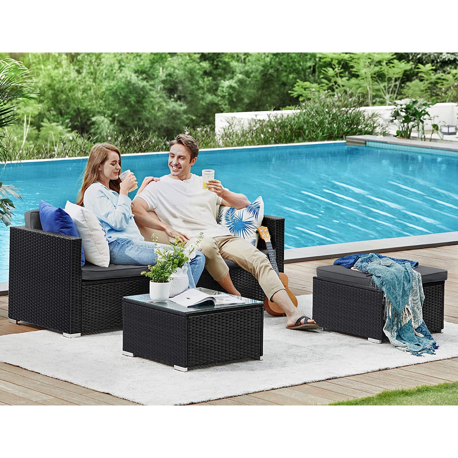 Tuinmeubelset – met kussens en glazen tafel – zwart en grijs