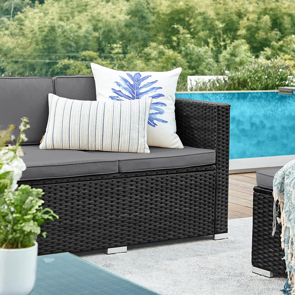 Tuinmeubelset – met kussens en glazen tafel – zwart en grijs