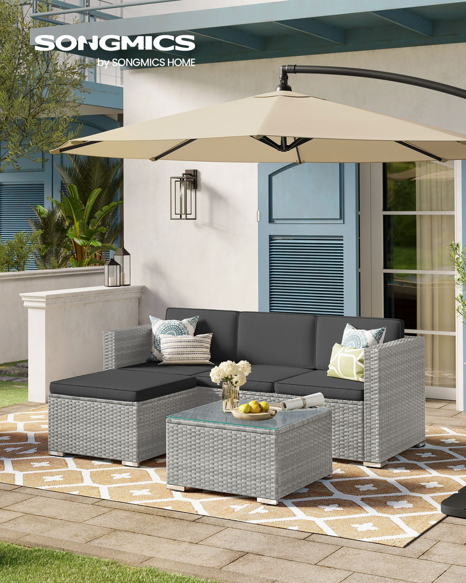 Balkonmeubelset – met kussens en glazen tafel – grijs