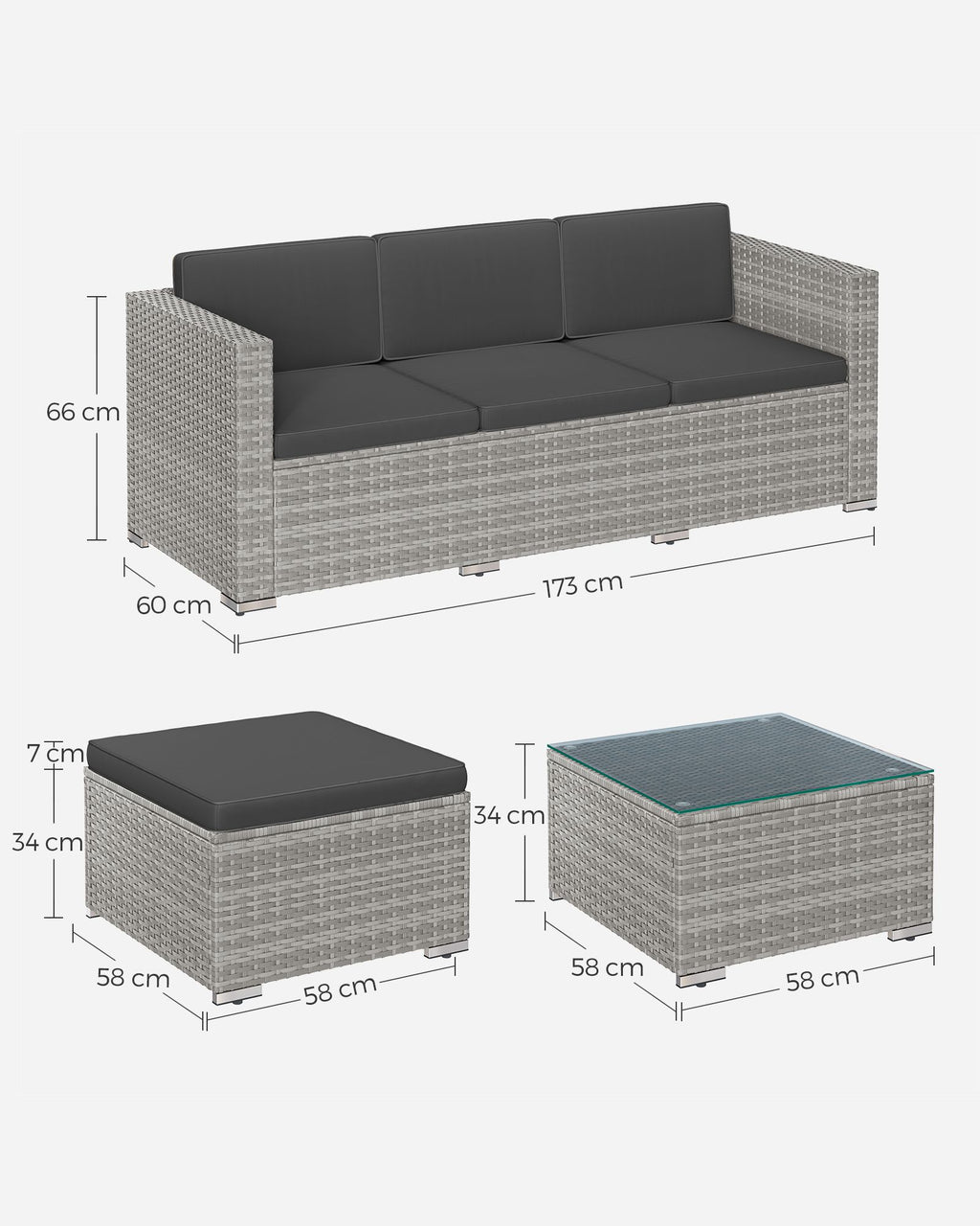 Balkonmeubelset – PE-polyrotan – met kussens en glazen tafel