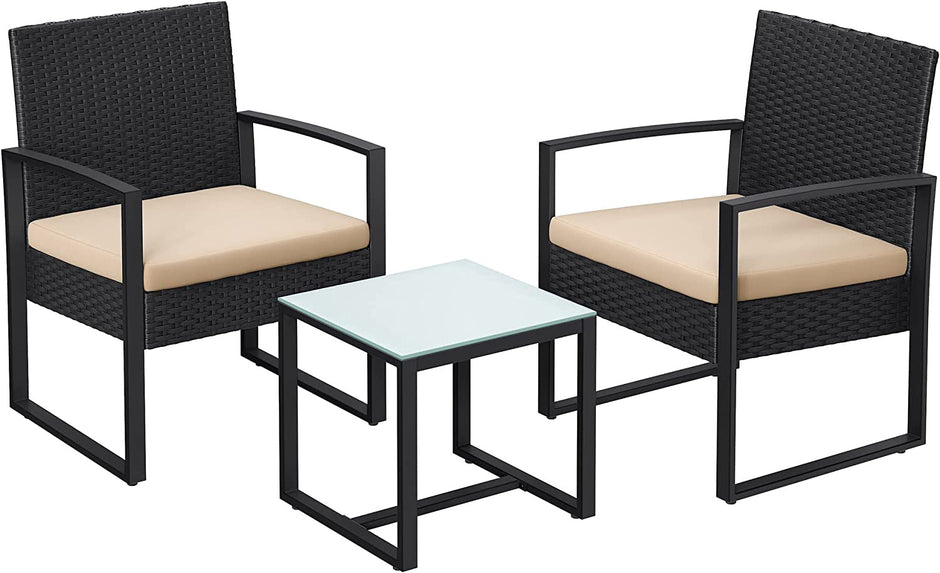 Tuinmeubelset - 3-Delig - Polyrattan - Tafel en 2 Stoelen - Met Kussens