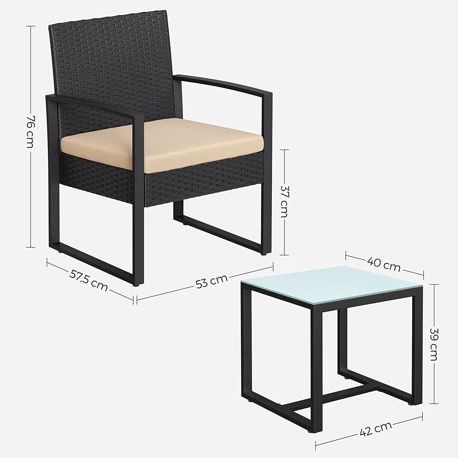 Tuinmeubelset - 3-Delig - Polyrattan - Tafel en 2 Stoelen - Met Kussens