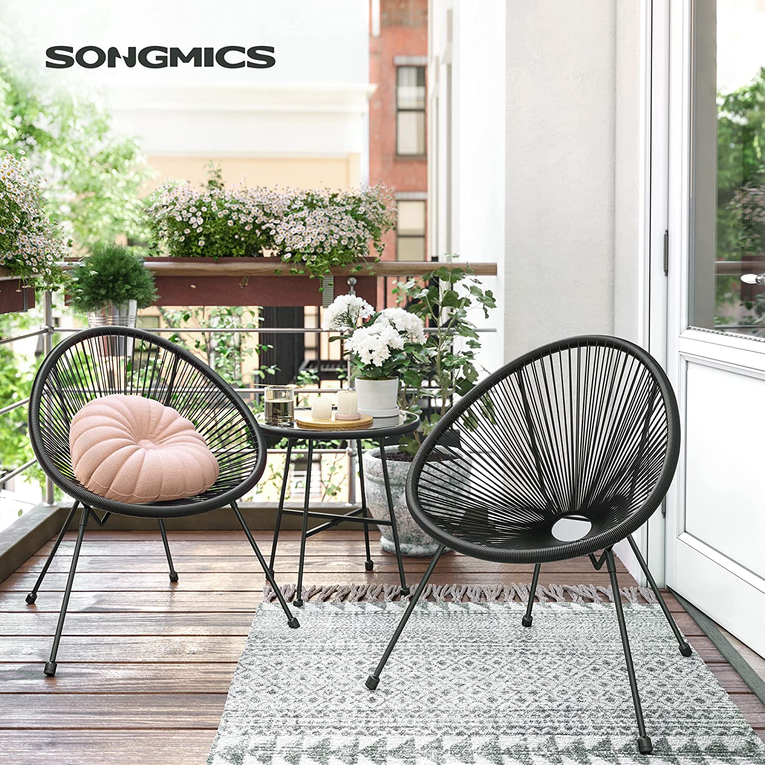 Tuinmeubelset - Balkonmeubilair - Set van 3 - Glazen tafelblad - 2 stoelen - Zwart