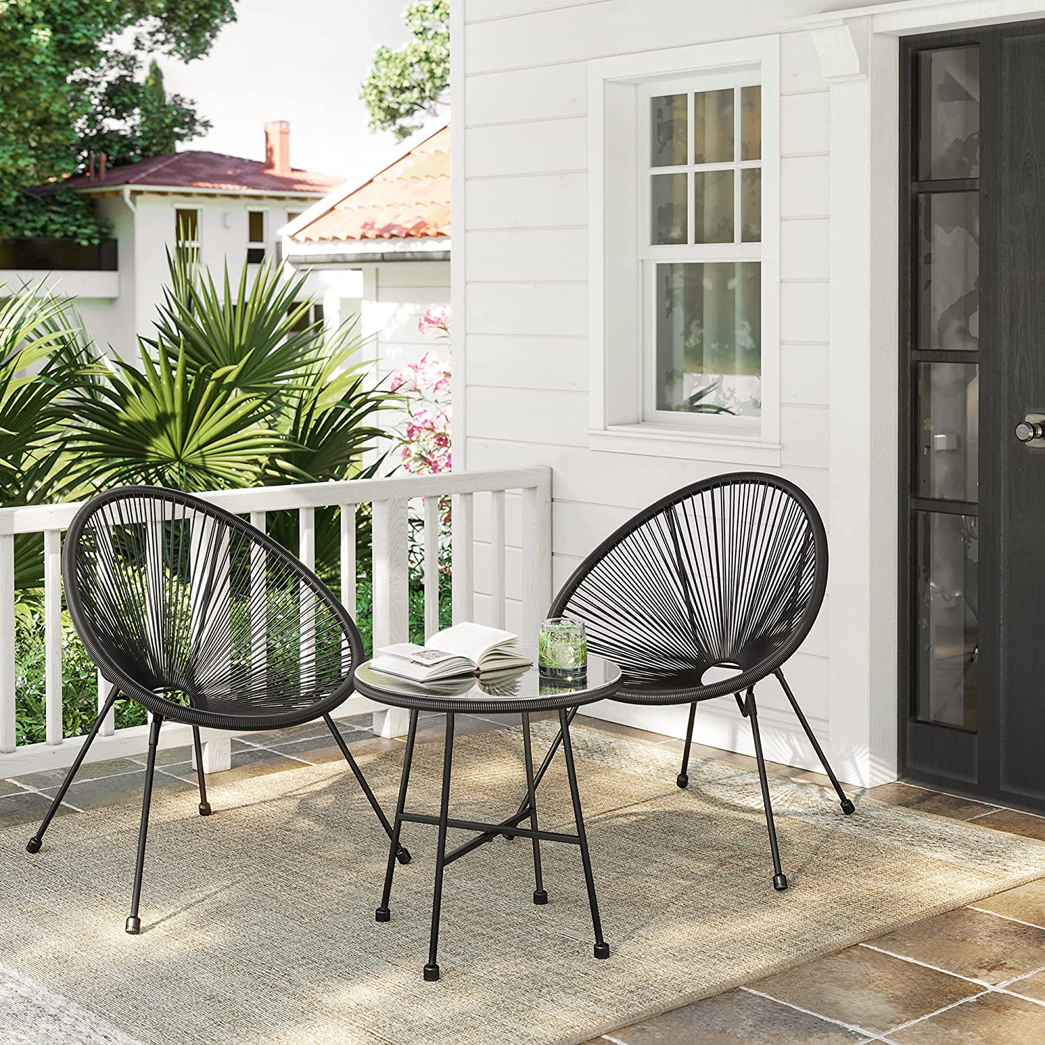 Tuinmeubelset - Balkonmeubilair - Set van 3 - Glazen tafelblad - 2 stoelen - Zwart
