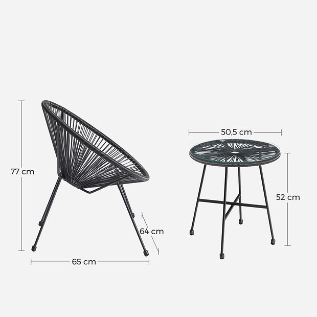 Tuinmeubelset – Set van 3 – Glazen tafelblad – Zwart