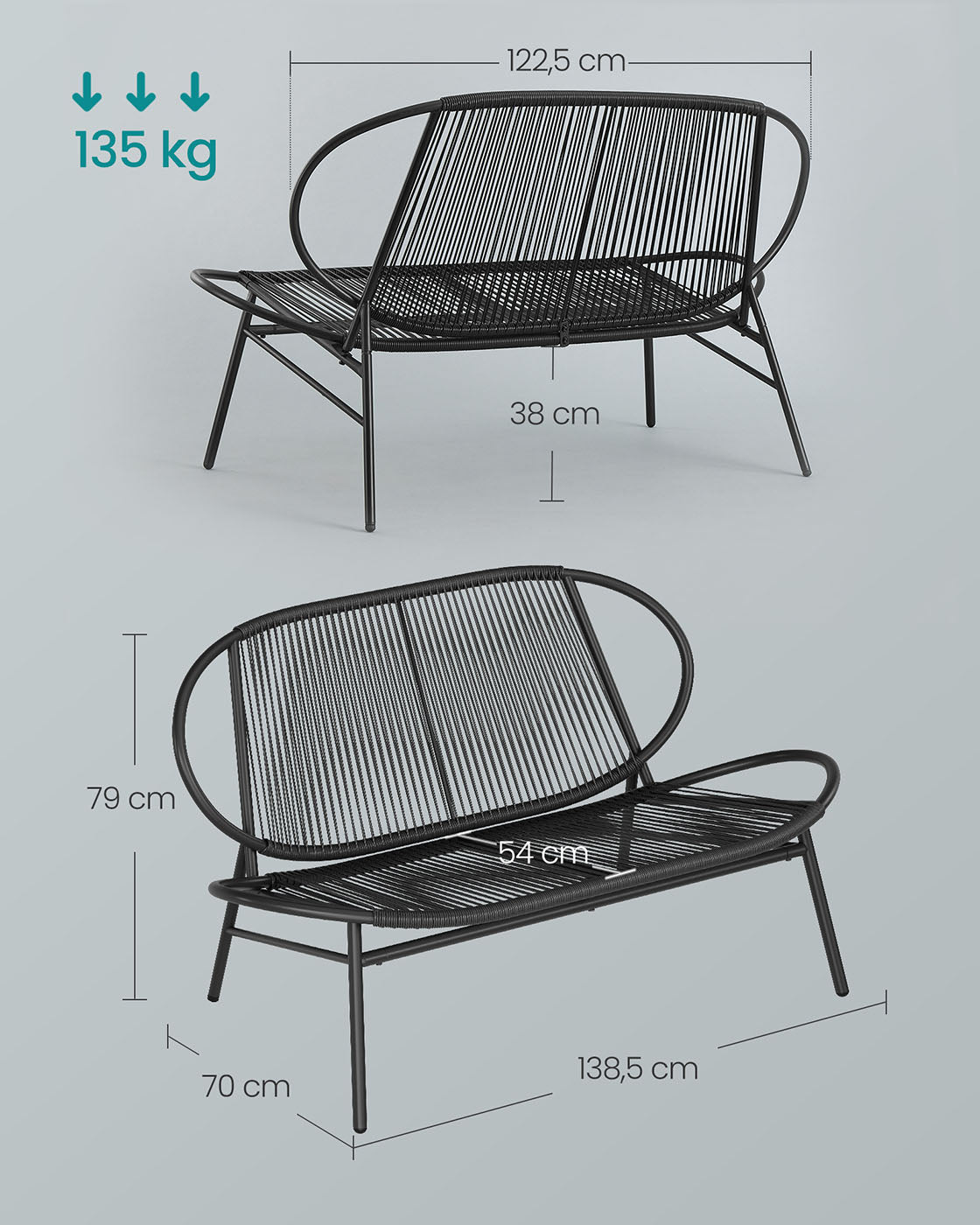 Tuinbank van PE Rotan – 70 x 138,5 x 79 cm – Weerbestendig