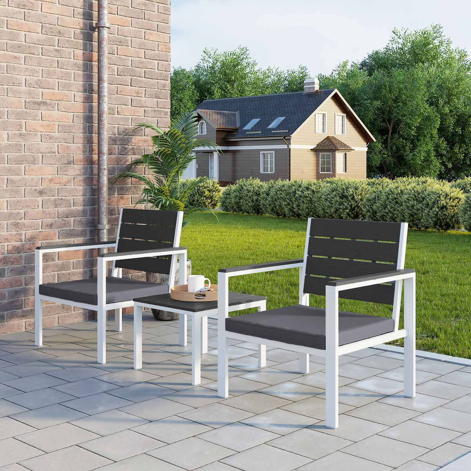Tuinmeubelset – Comfortabele stoelen met kussens – Rookgrijs en wit