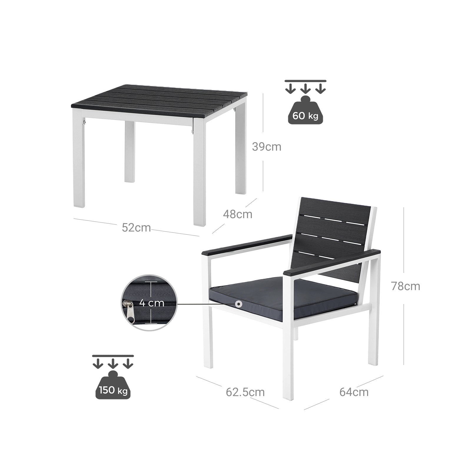 Tuinmeubelset – Comfortabele stoelen met kussens – Rookgrijs en wit