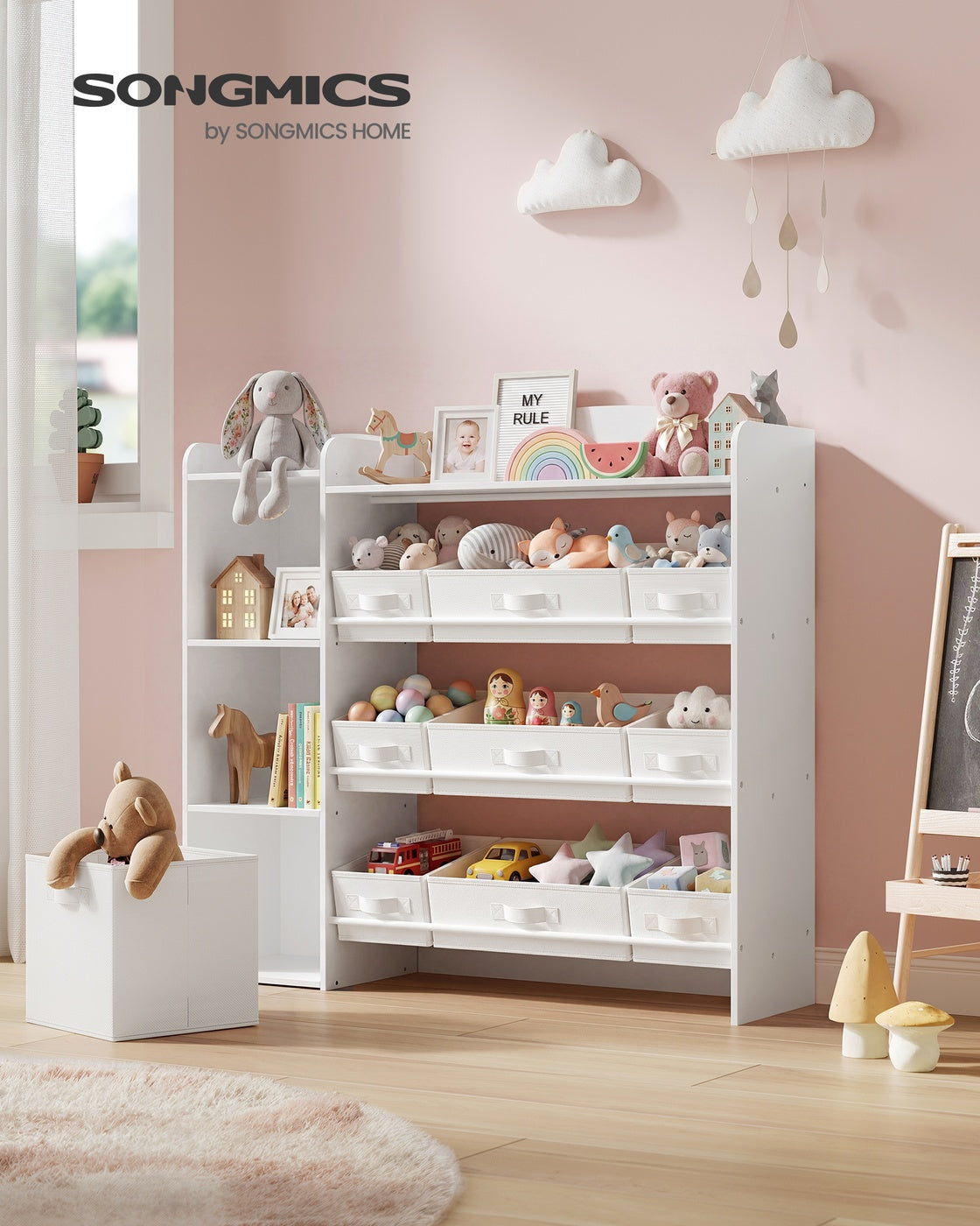 Speelgoedopbergrek - 30 x 113,1 x 104 cm - Wolkenwit - Maximaal 120 kg belastbaar - Vliesstof, spaanplaat, MDF