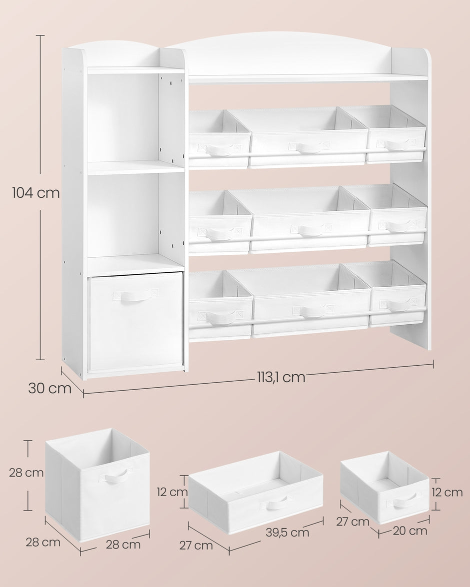 Speelgoedopbergrek - 30 x 113,1 x 104 cm - Wolkenwit - Maximaal 120 kg belastbaar - Vliesstof, spaanplaat, MDF
