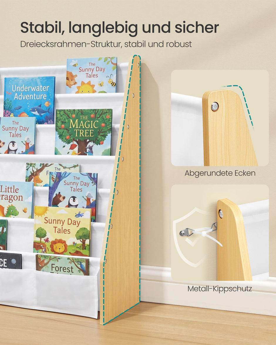 Kinderboekenkast – 6 Vakken – Staal en Oxfordstof – Montessori – Beukenbeige en Wit
