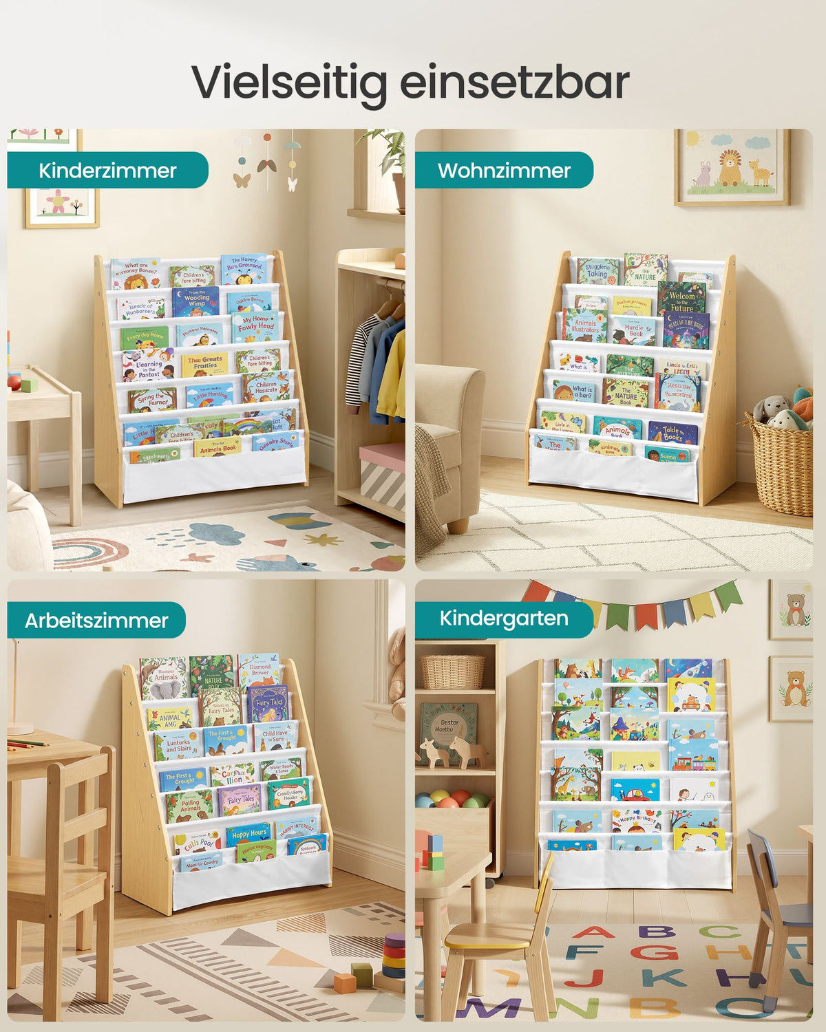 Kinderboekenkast – 6 Vakken – Staal en Oxfordstof – Montessori – Beukenbeige en Wit