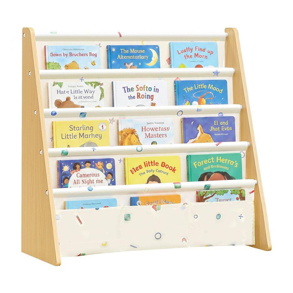 Kinderboekenkast – 4 Vakken – Staal en Oxfordstof – Montessori – Beukenbeige