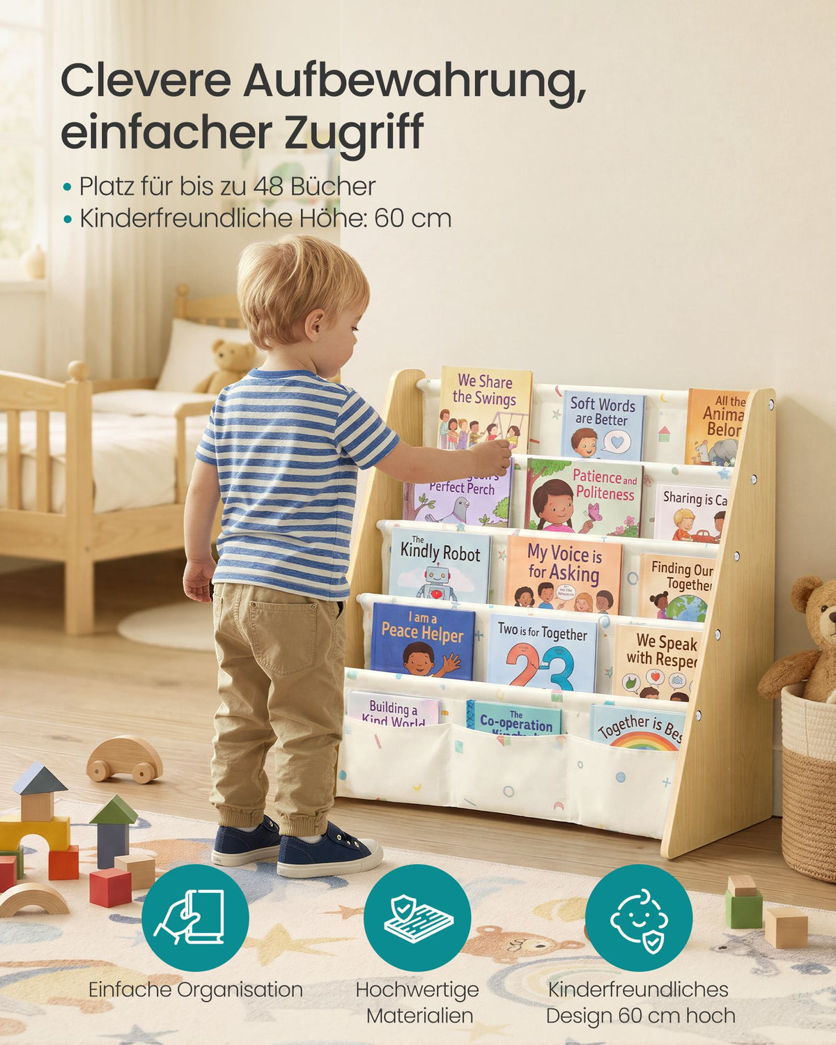 Kinderboekenkast – 4 Vakken – Staal en Oxfordstof – Montessori – Beukenbeige