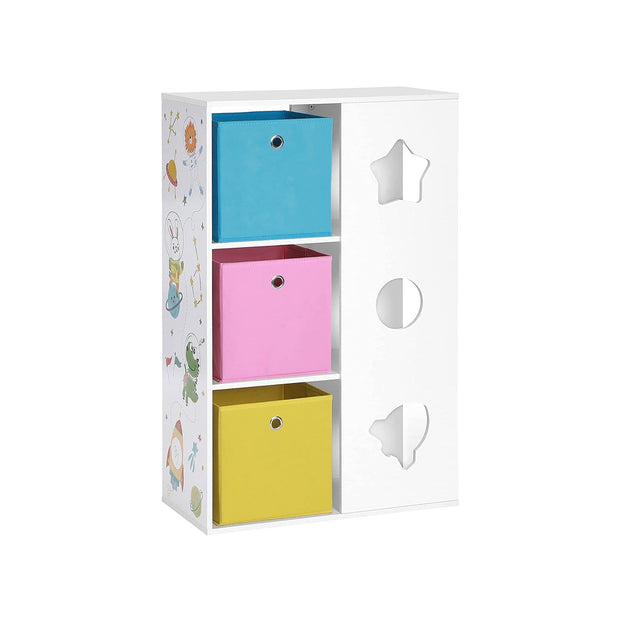 Kinderkast – Met 3 opbergdozen – Wit, blauw, roze, geel