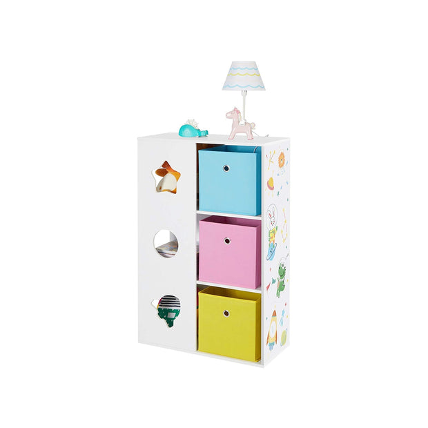 Kinderkast – Met 3 opbergdozen – Wit, blauw, roze, geel