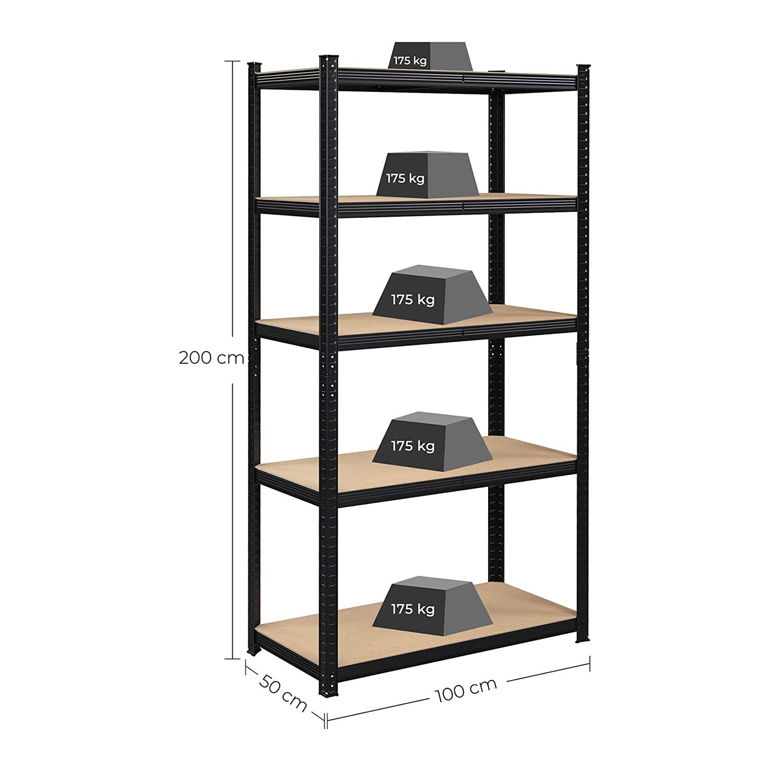 Opslagkast - Set van 2 - Metalen frame - 200 x 100 x 50 cm - Belastbaar tot 875 kg - Zwart