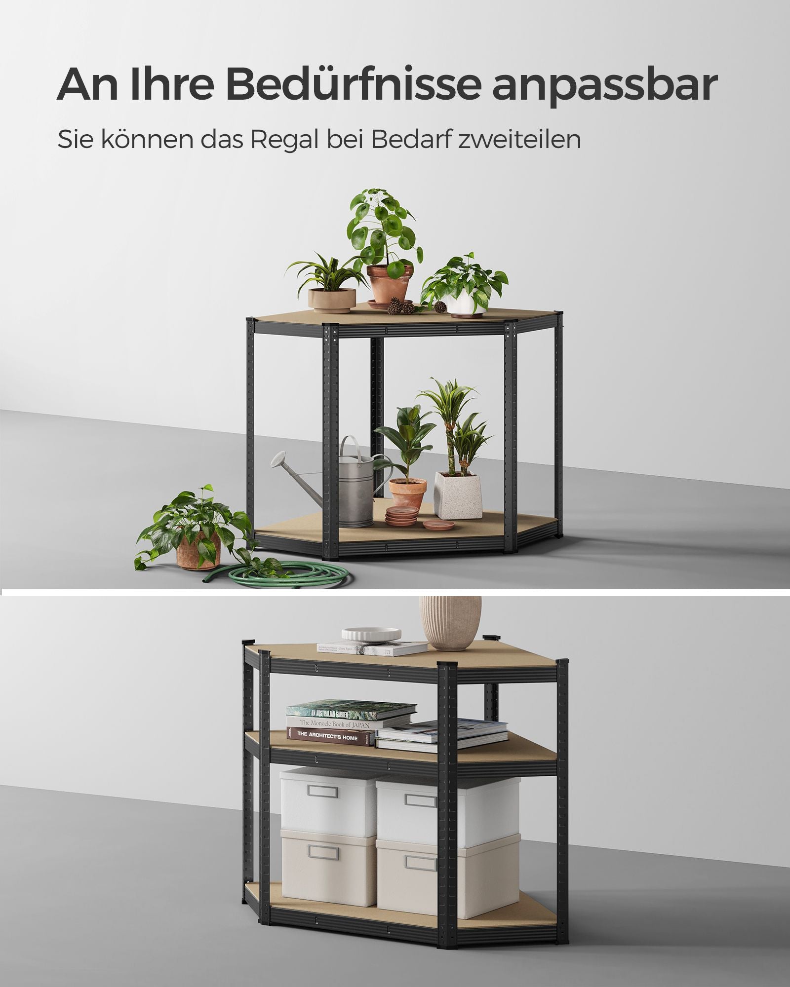 Hoekplank – draagvermogen 875 kg – gepoedercoat staal – inktzwart & natuurlijk beige