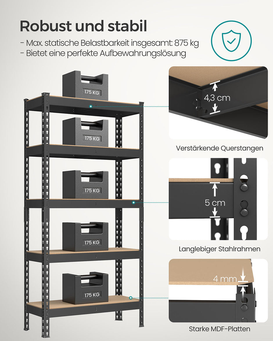 Stellingkast – 30 x 75 x 150 cm – 5 planken met tot 175 kg draagvermogen– Staal en MDF