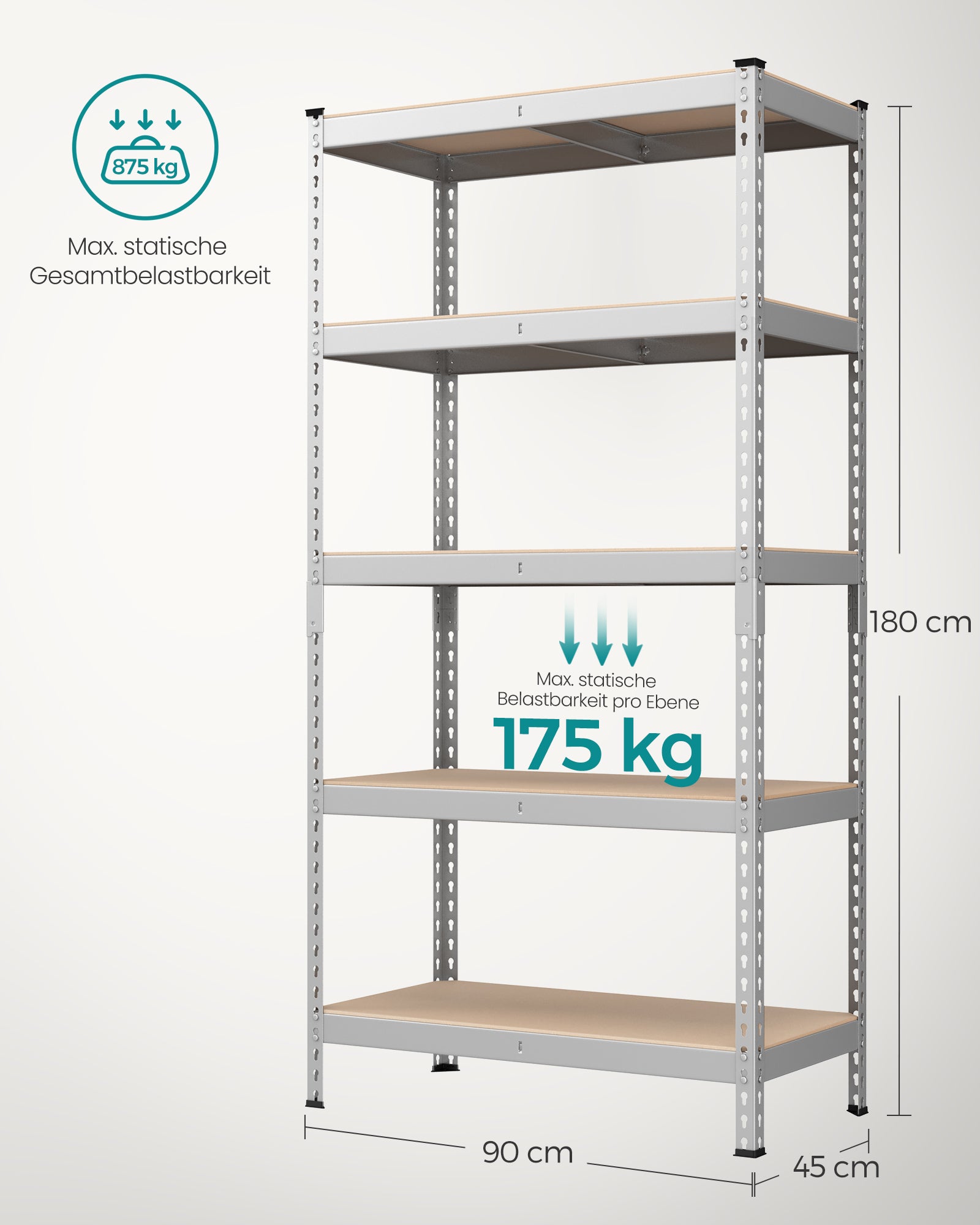 Stellingkast – 180 x 90 x 45 cm – 5 planken - 175 kg per plank – Staal en MDF
