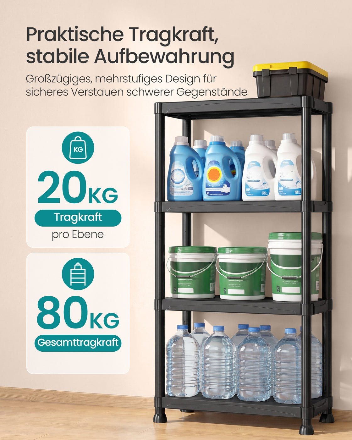 Kunststof Stellingkast – 4 Planken – Tot 80 kg – 60 x 30 x 133,5 cm – Zwart