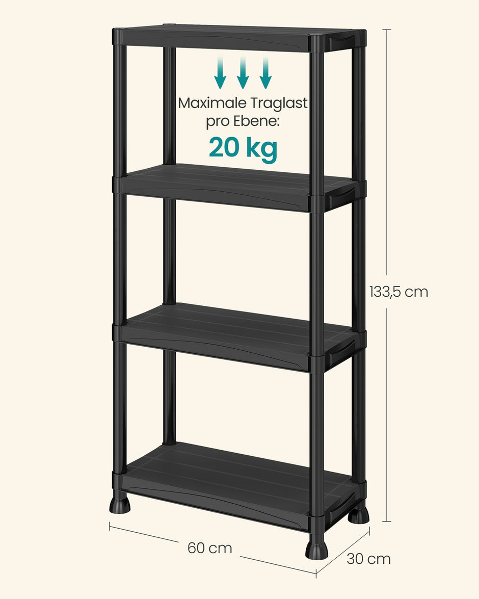 Kunststof Stellingkast – Set van 2 – 4 Planken – Tot 80 kg – 60 x 30 x 133,5 cm – Zwart