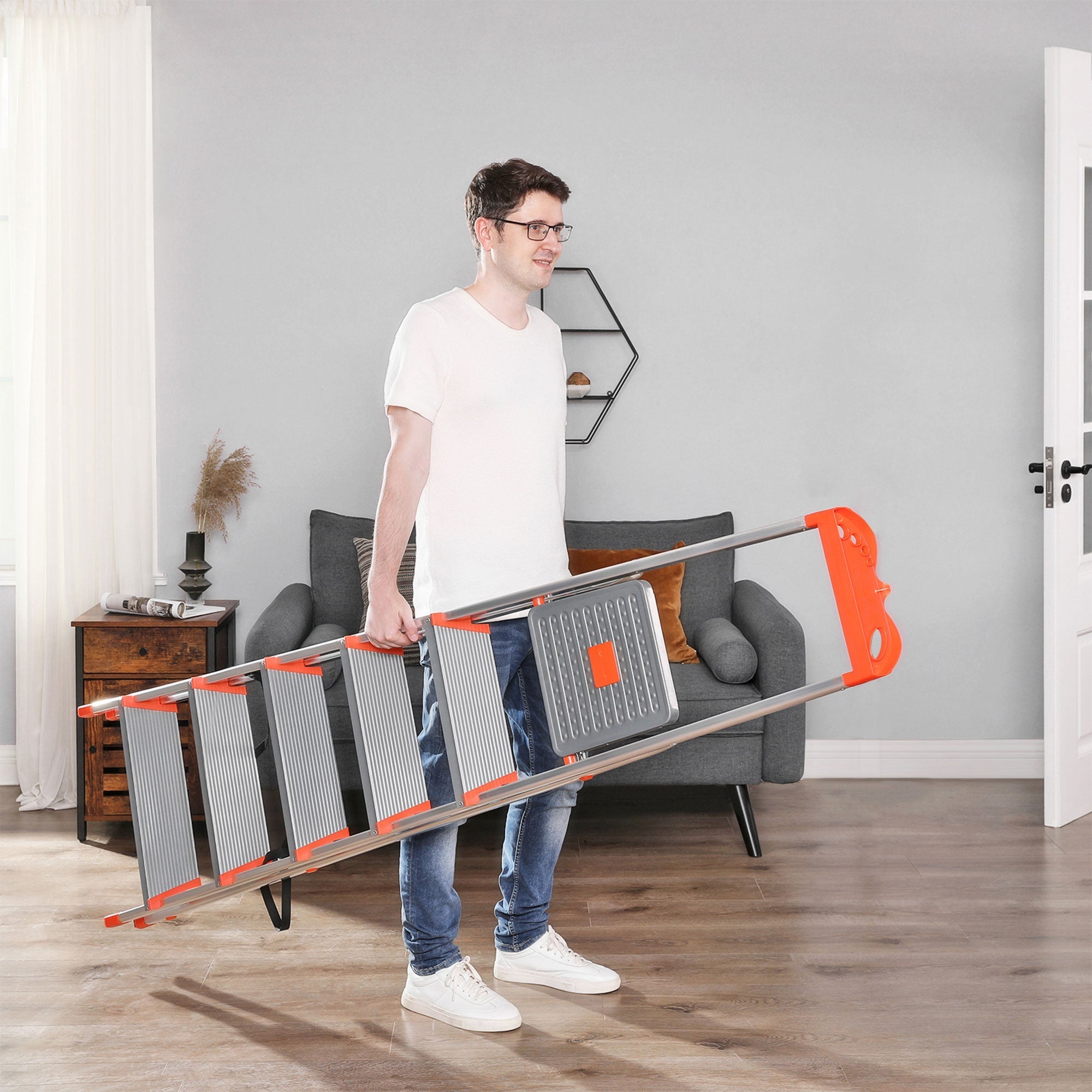 Ladder - Aluminium trapladder - 6 treden - Grijs / Oranje