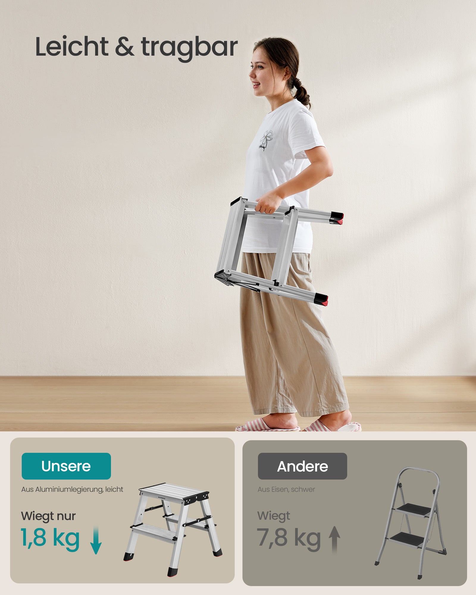 Ladder met 2 antisliptreden aluminium zilvergrijs-inktzwart