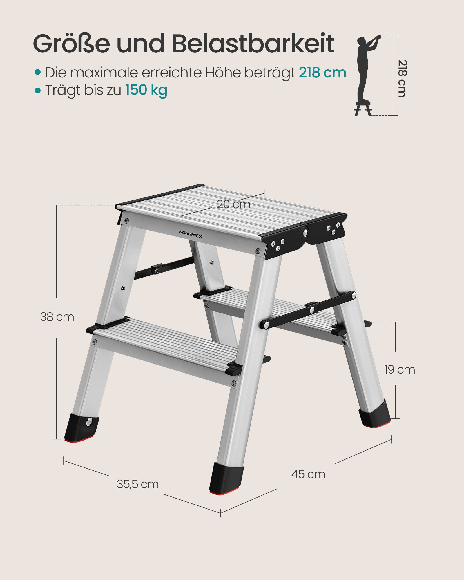 Ladder met 2 antisliptreden aluminium zilvergrijs-inktzwart