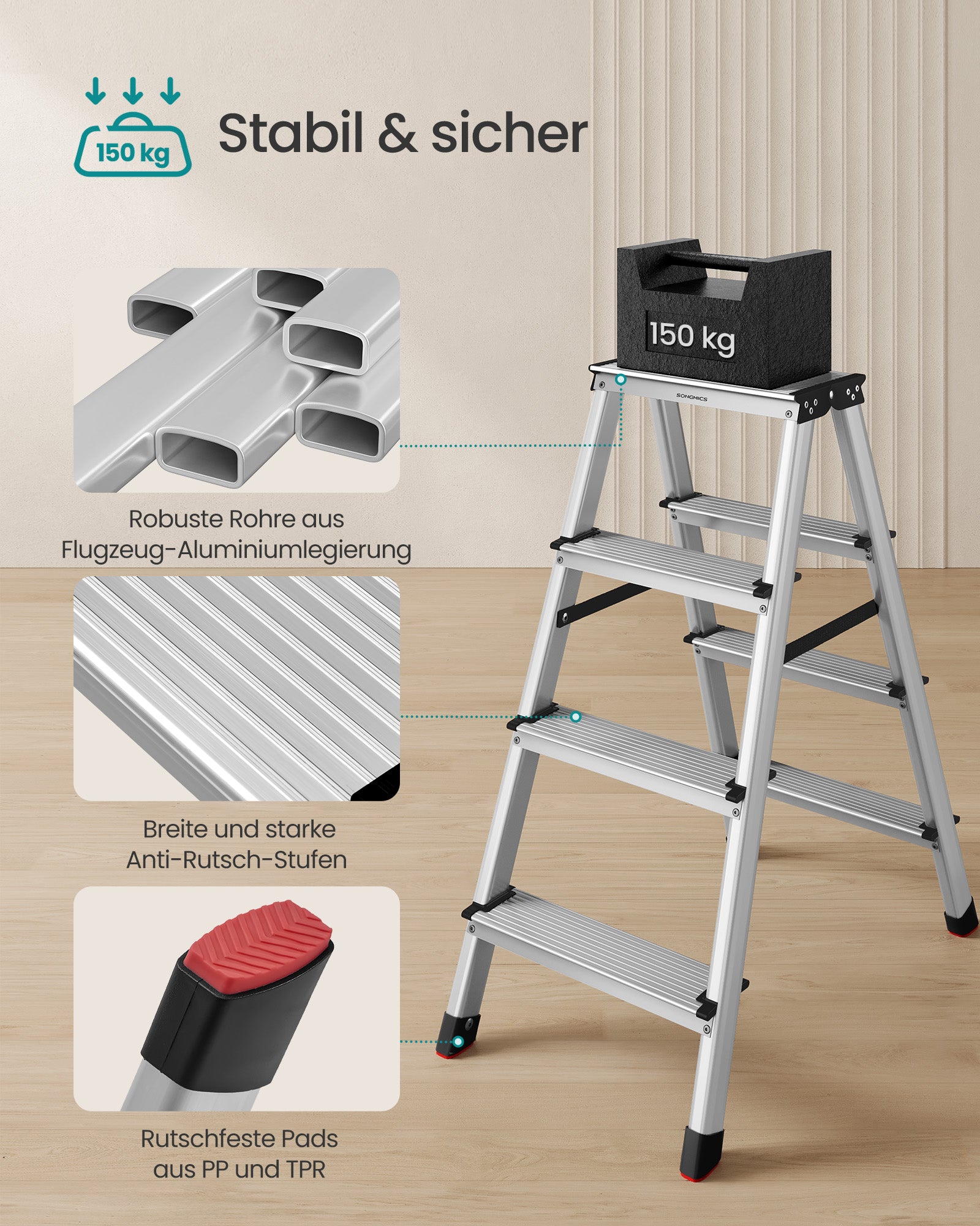 Ladder met 4 antisliptreden – aluminium – zilvergrijs-inktzwart