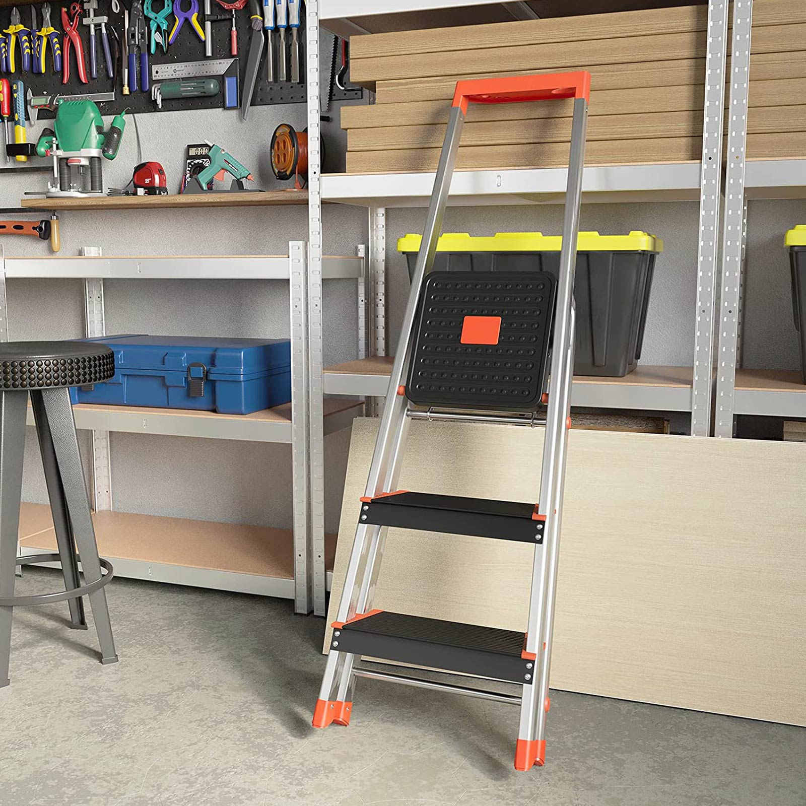 Ladder 3 treden – Antislip en opvouwbaar – Zilver, zwart, oranje