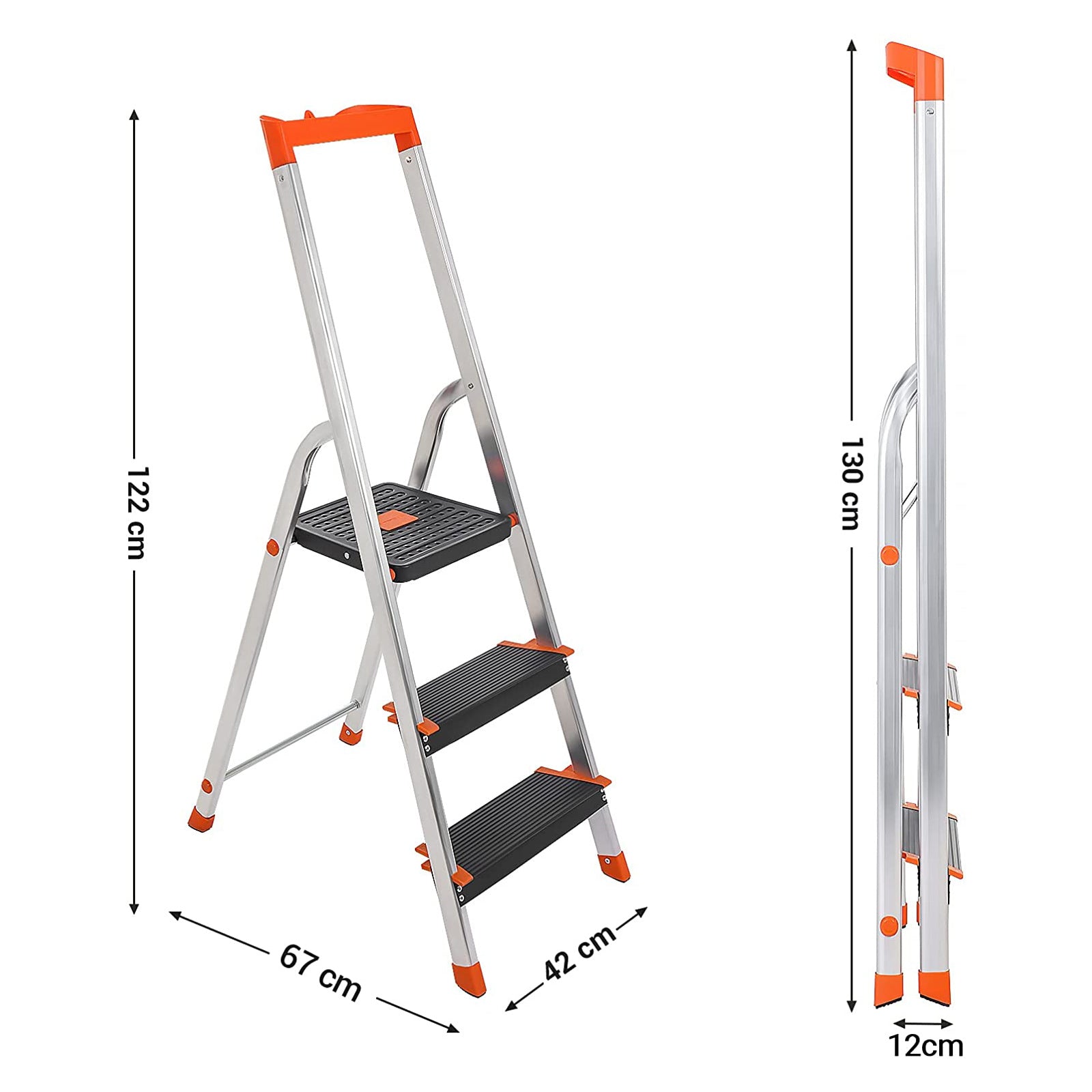 Ladder 3 treden – Antislip en opvouwbaar – Zilver, zwart, oranje