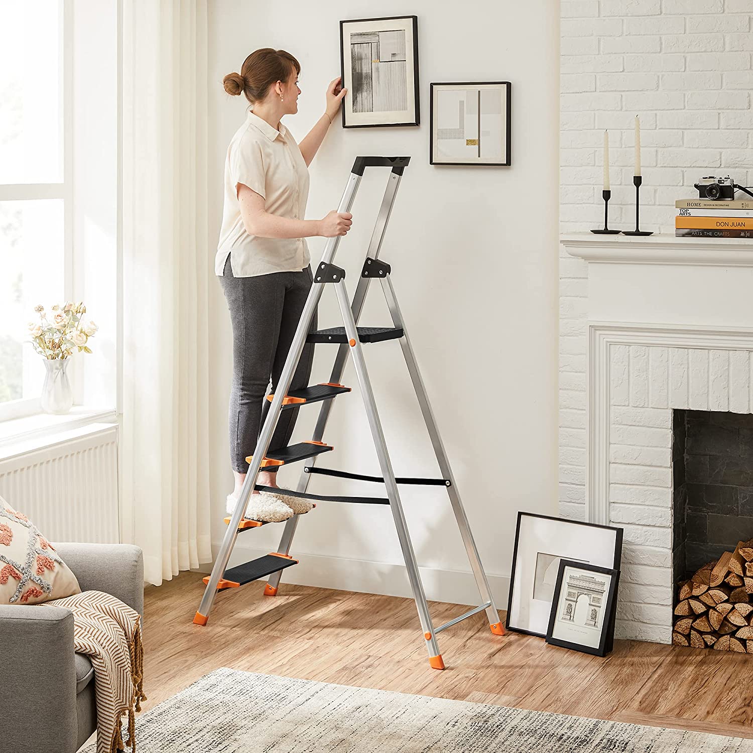 Opvouwbare trapladder – 5 treden – Aluminium – Zwart-oranje