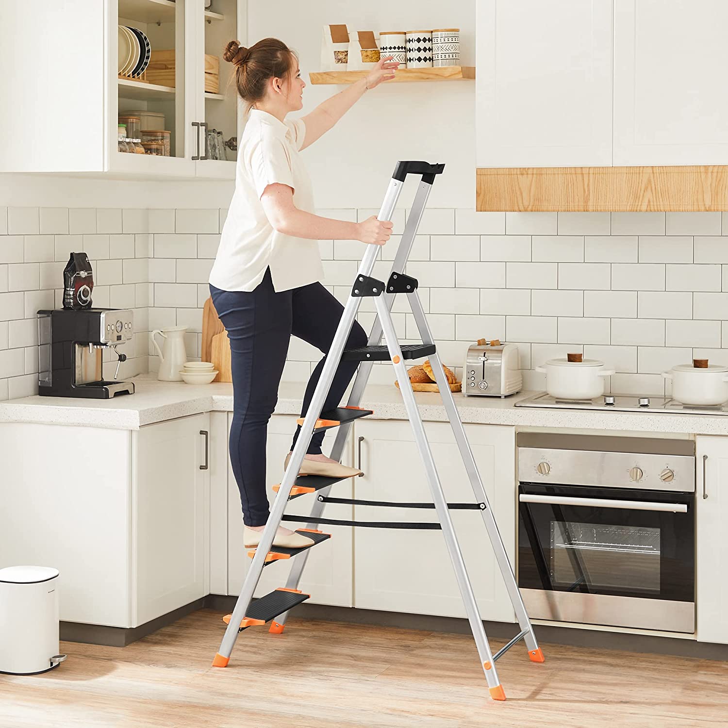 Opvouwbare trapladder – 5 treden – Aluminium – Zwart-oranje