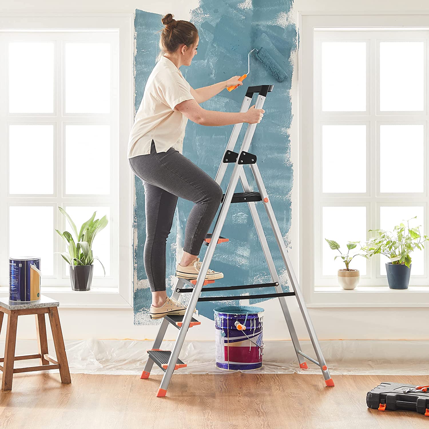 Opvouwbare trapladder – 5 treden – Aluminium – Zwart-oranje