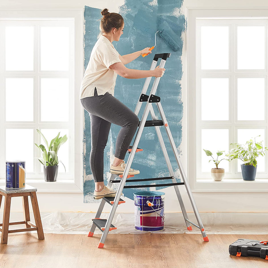 Opvouwbare trapladder – 5 treden – Aluminium – Zwart-oranje