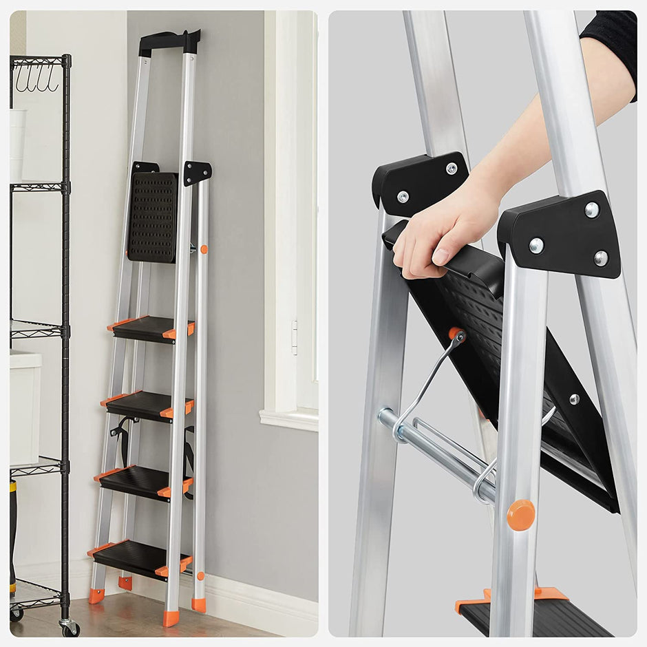 Opvouwbare trapladder – 5 treden – Aluminium – Zwart-oranje