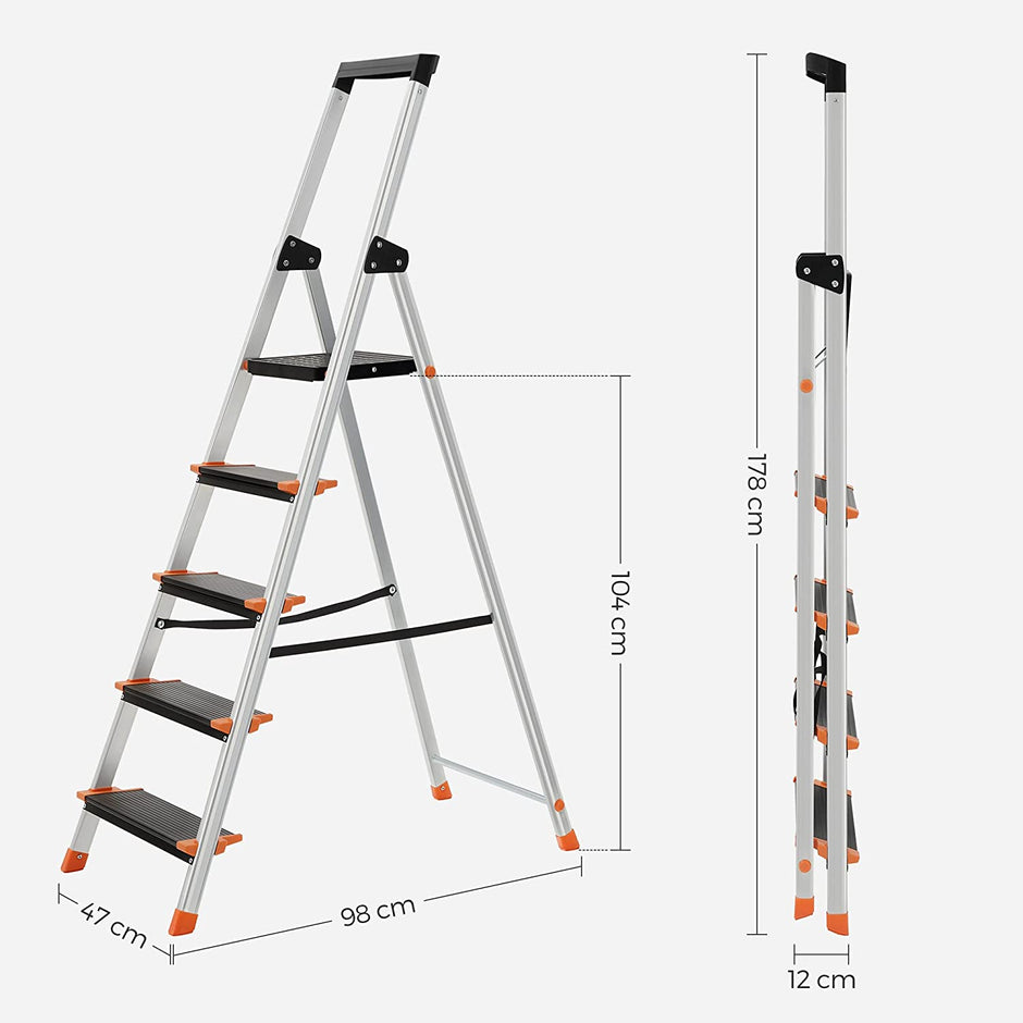 Opvouwbare trapladder – 5 treden – Aluminium – Zwart-oranje