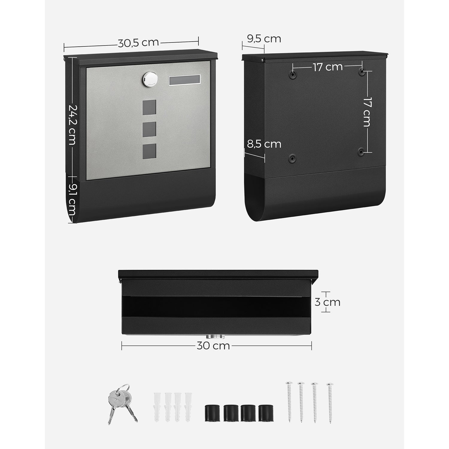 Wandbrievenbus – Met krantenbak en slot – Zwart-Zilver