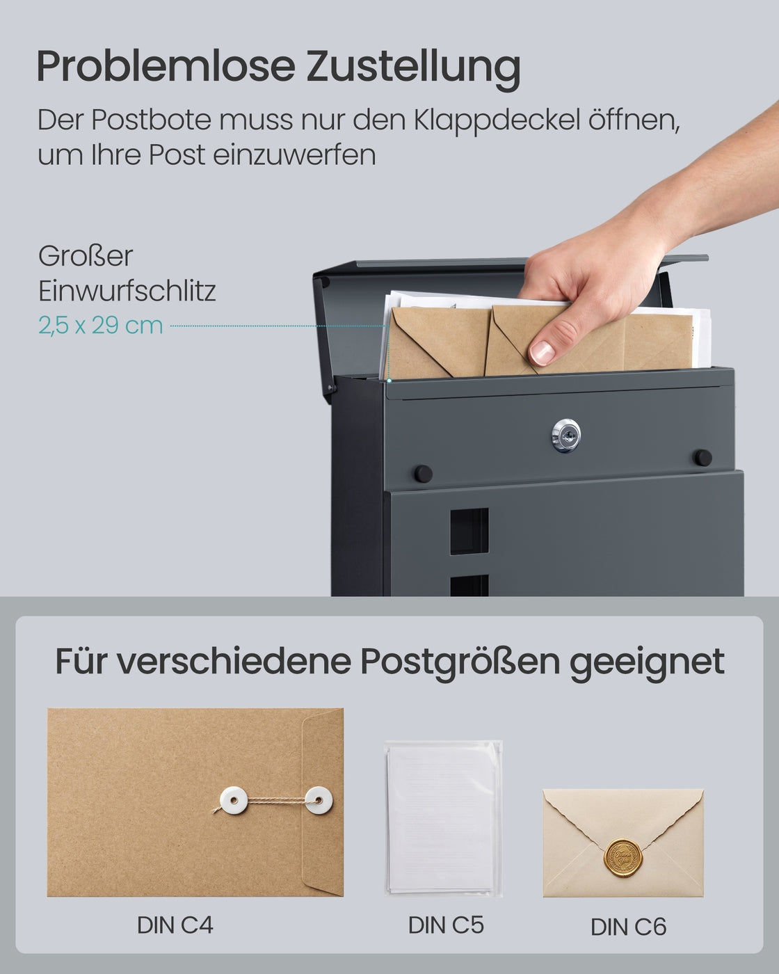 Brievenbus - 9,5 x 29 x 31 cm - Antraciet - Verzinkt staal - 2,3 kg