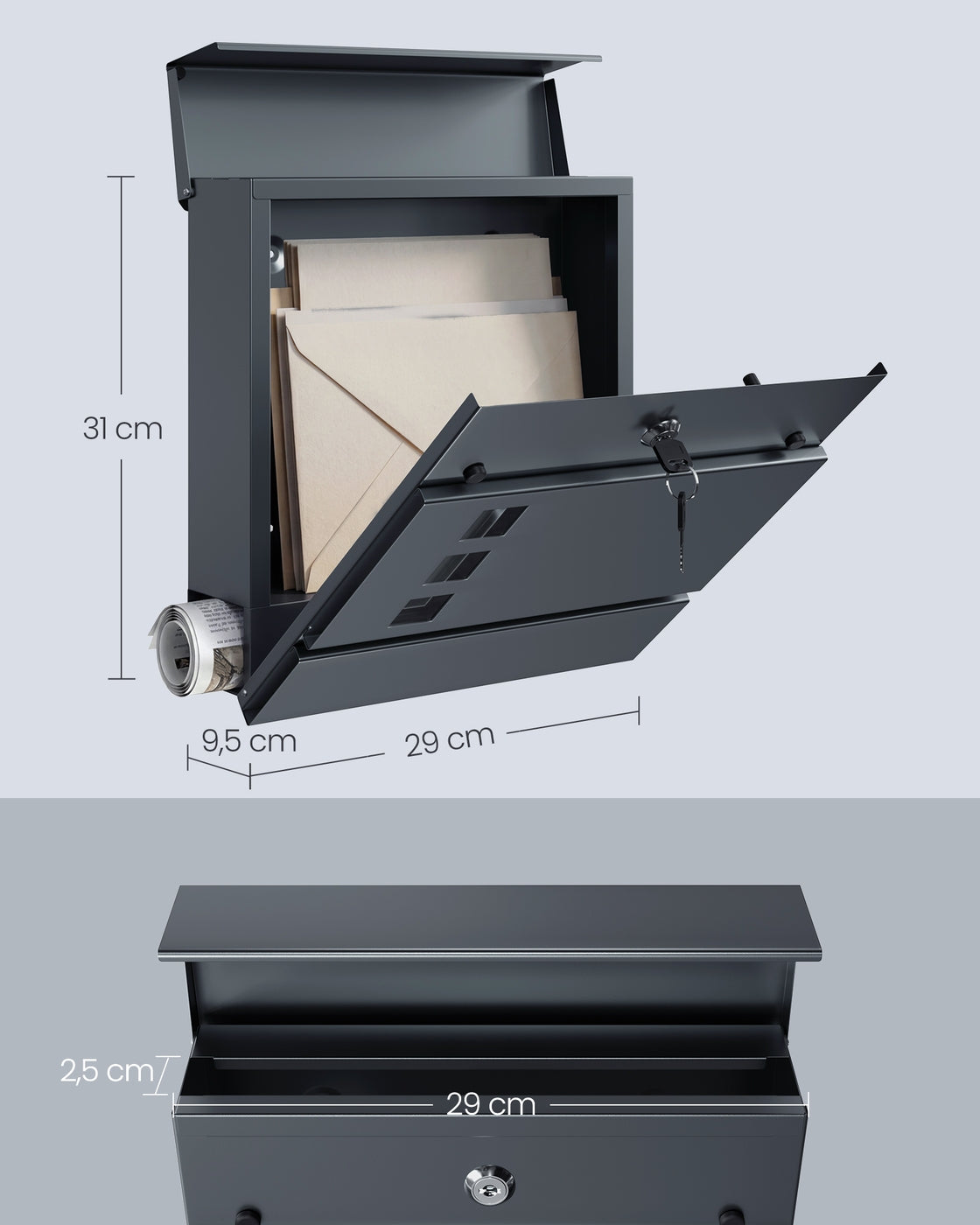 Brievenbus - 9,5 x 29 x 31 cm - Antraciet - Verzinkt staal - 2,3 kg