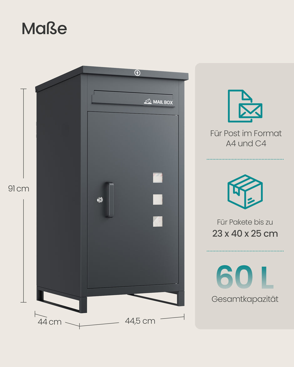 Pakketbrievenbus – 90 L – Staal – Waterdicht – Voor Buiten – Grijs