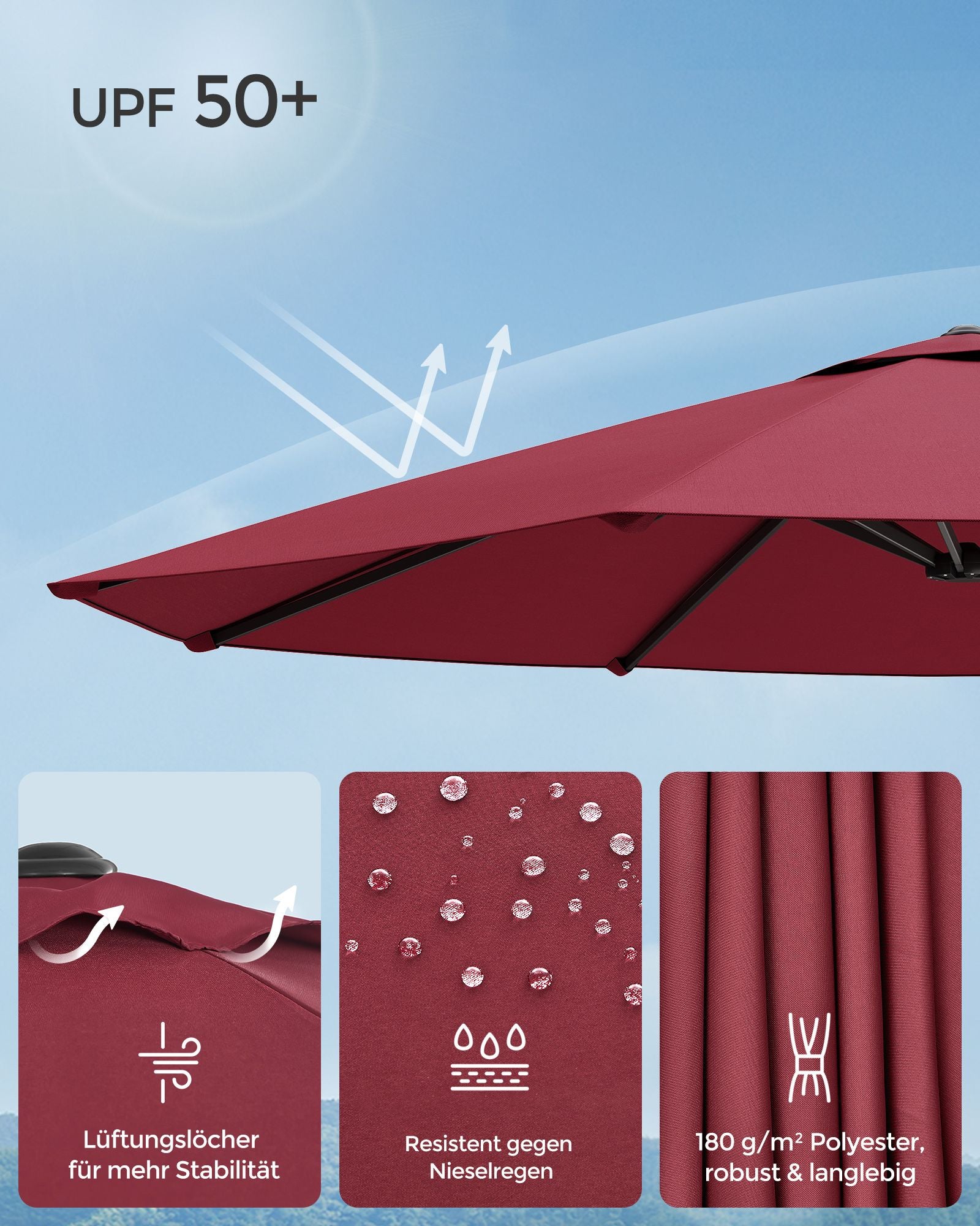 Dubbele parasol – UV-bescherming – wijnrood