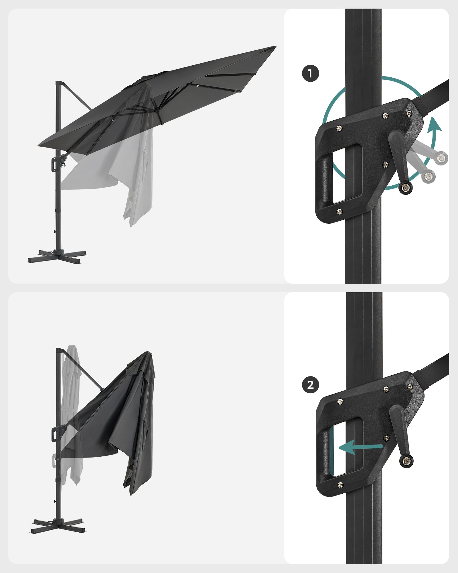 Parasol 290x290 cm – 360° draaibaar – lichtgrijs