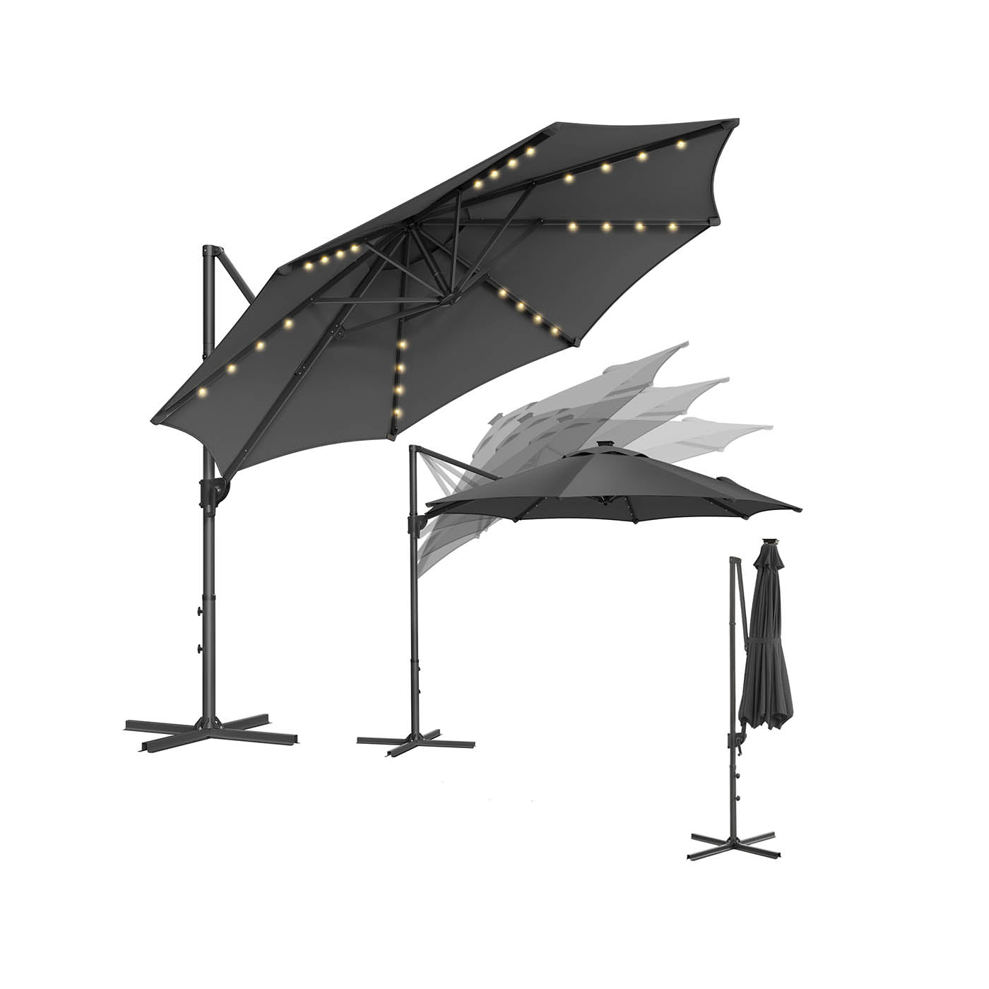 Parasol Ø300 cm – UPF 50+ met 28 LED-lampen – Grijs