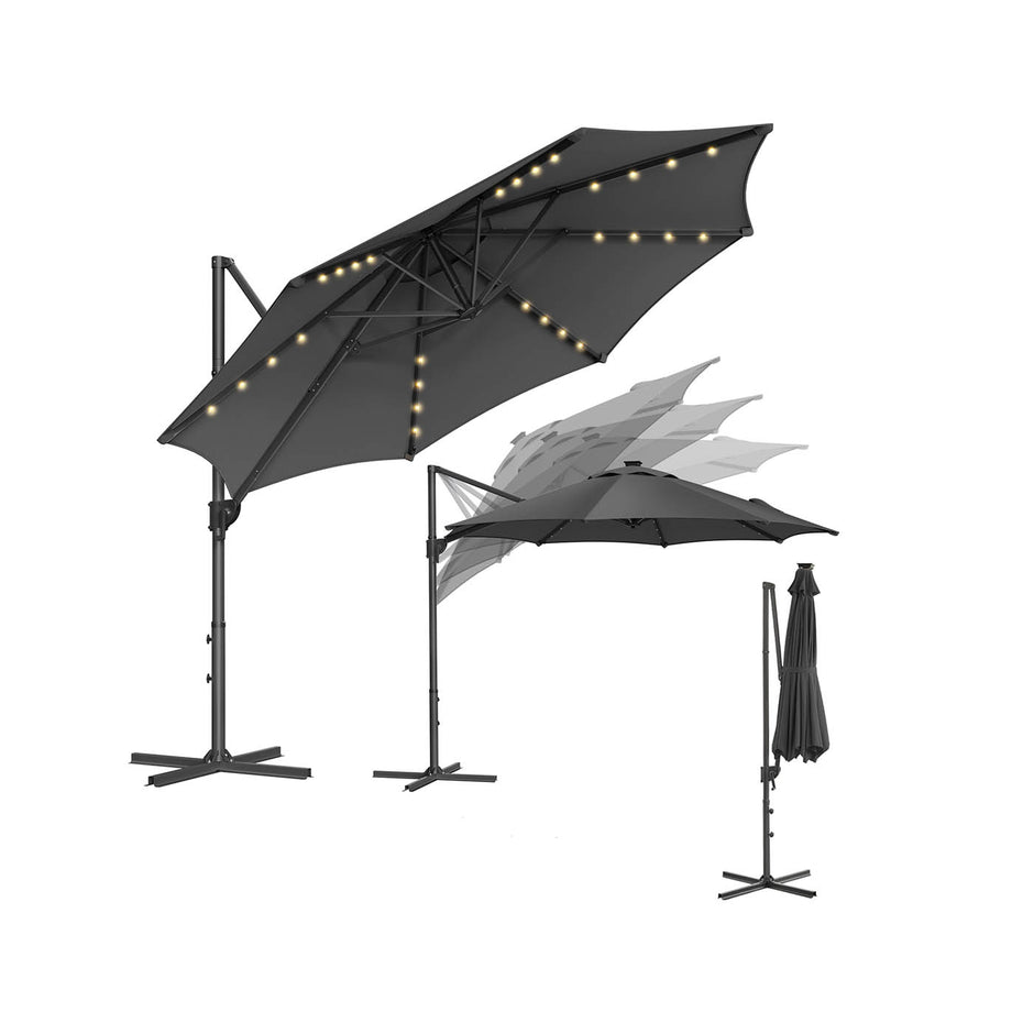 Parasol Ø300 cm – UPF 50+ met 28 LED-lampen – Grijs
