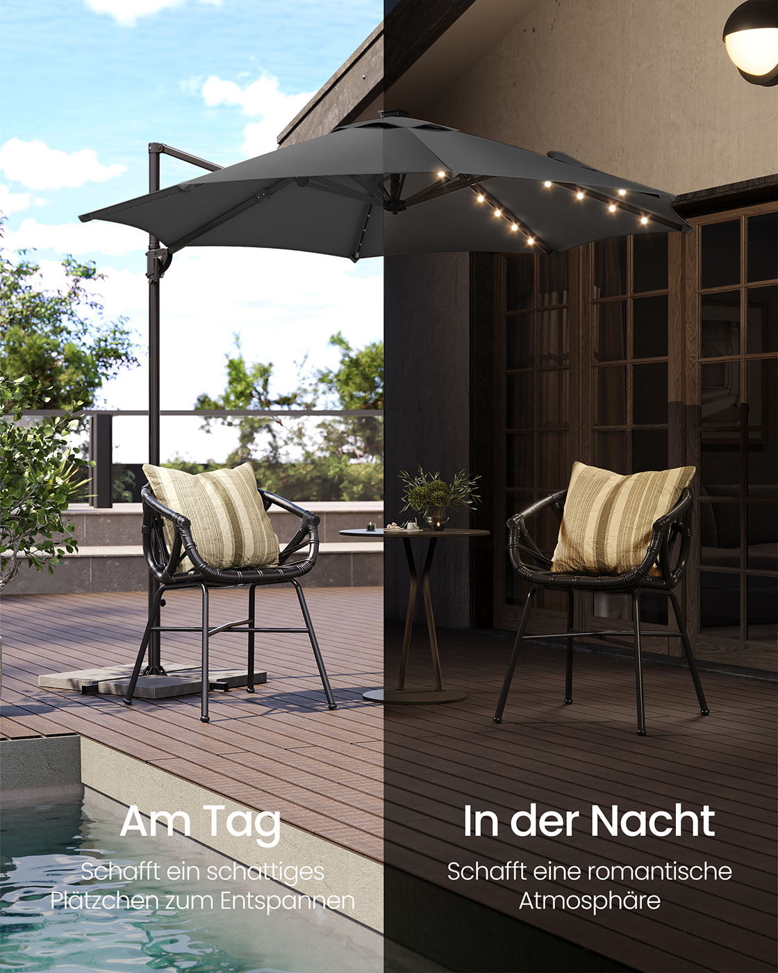 Parasol Ø300 cm – UPF 50+ met 28 LED-lampen – Grijs