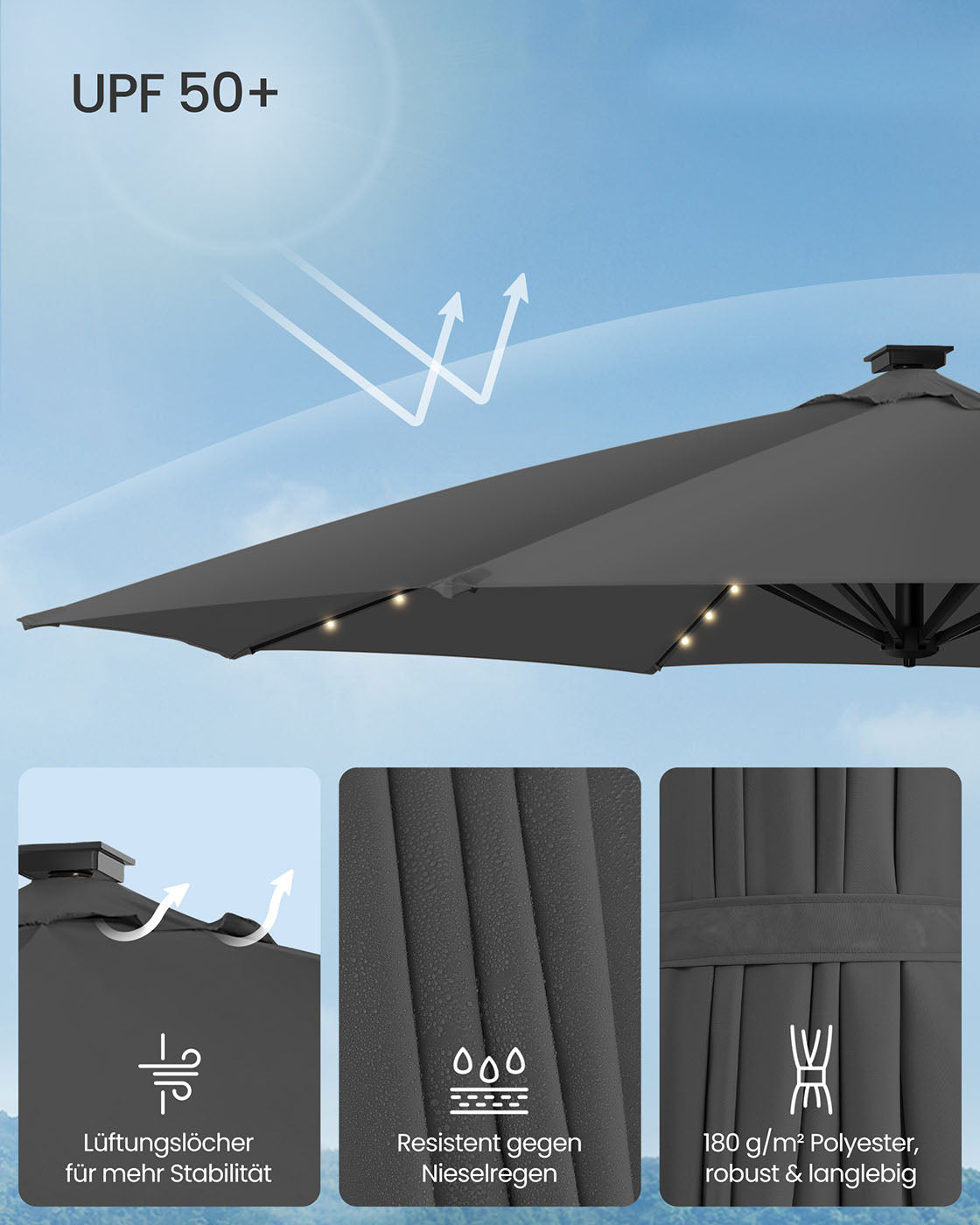 Parasol Ø300 cm – UPF 50+ met 28 LED-lampen – Grijs
