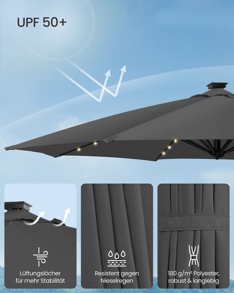 Parasol Ø300 cm – UPF 50+ met 28 LED-lampen – Grijs